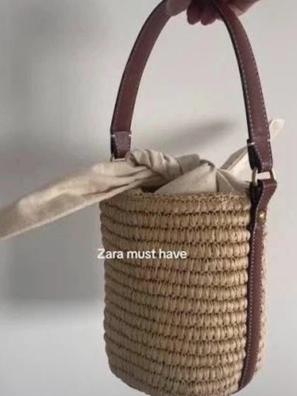 Zara Woven Straw Shoulder Bag with Brown Leather Trim